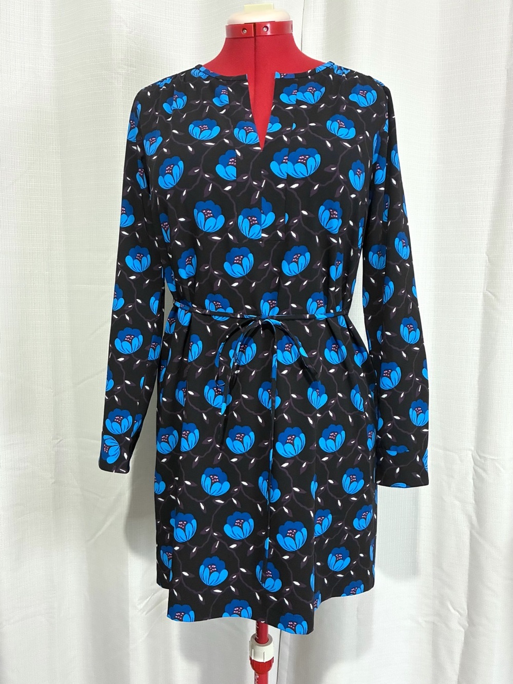 Ann Taylor Loft Floral Shift Dress Size S Black Blue Floral Long Sleeve Boho